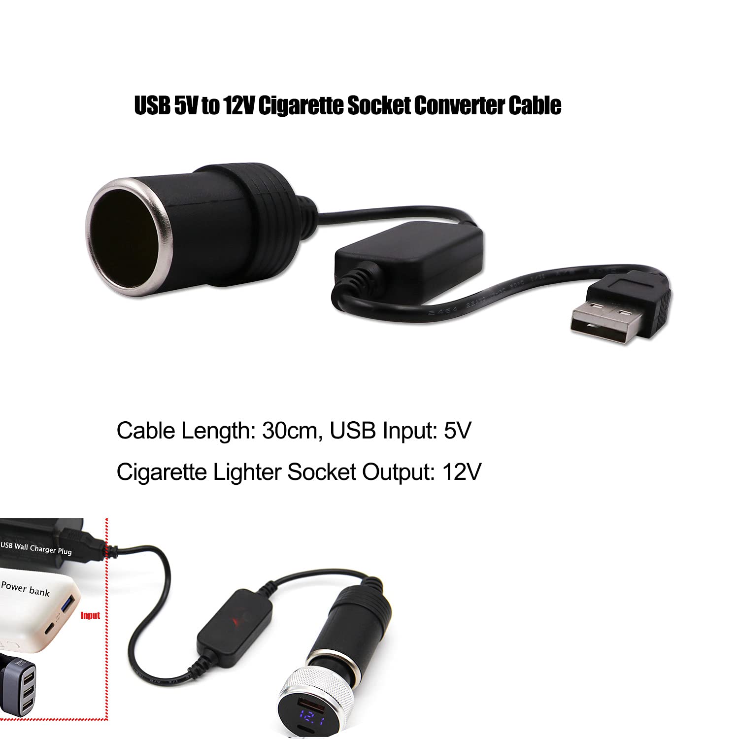 Usb A Male To 12V Car Cigarette Lighter Socket Female Converter Cable (8W Max)